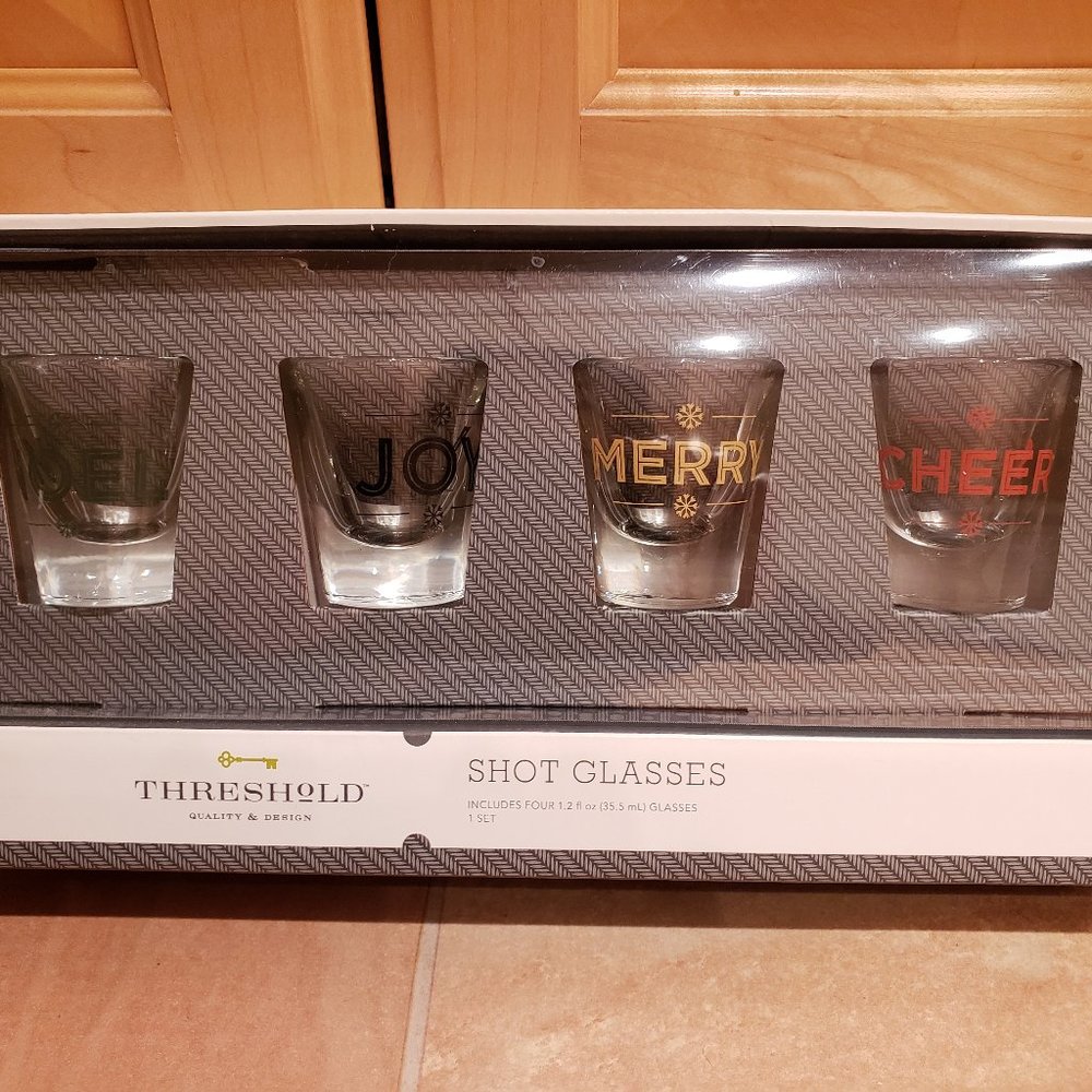 NWT Threshold Christmas Holiday Shot Glasses Set of 4: Noel, Joy, Merry, Cheer